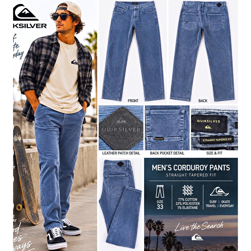 Quiksilver Corduroy Pants Mens 33 Blue Straight Tapered Stretch Skater Surfer